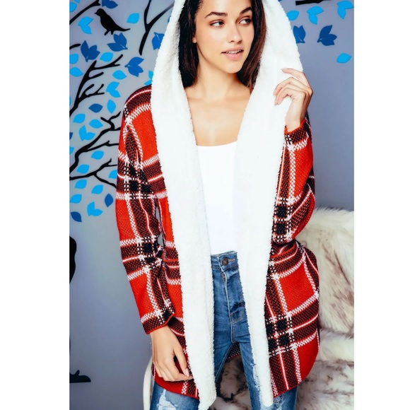 NWT KNIT FUR LINED RED PLAID COAT - Picture 1 of 10